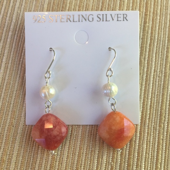 Sterling Pearl and Orange Stone Earrings - Picture 2 of 6